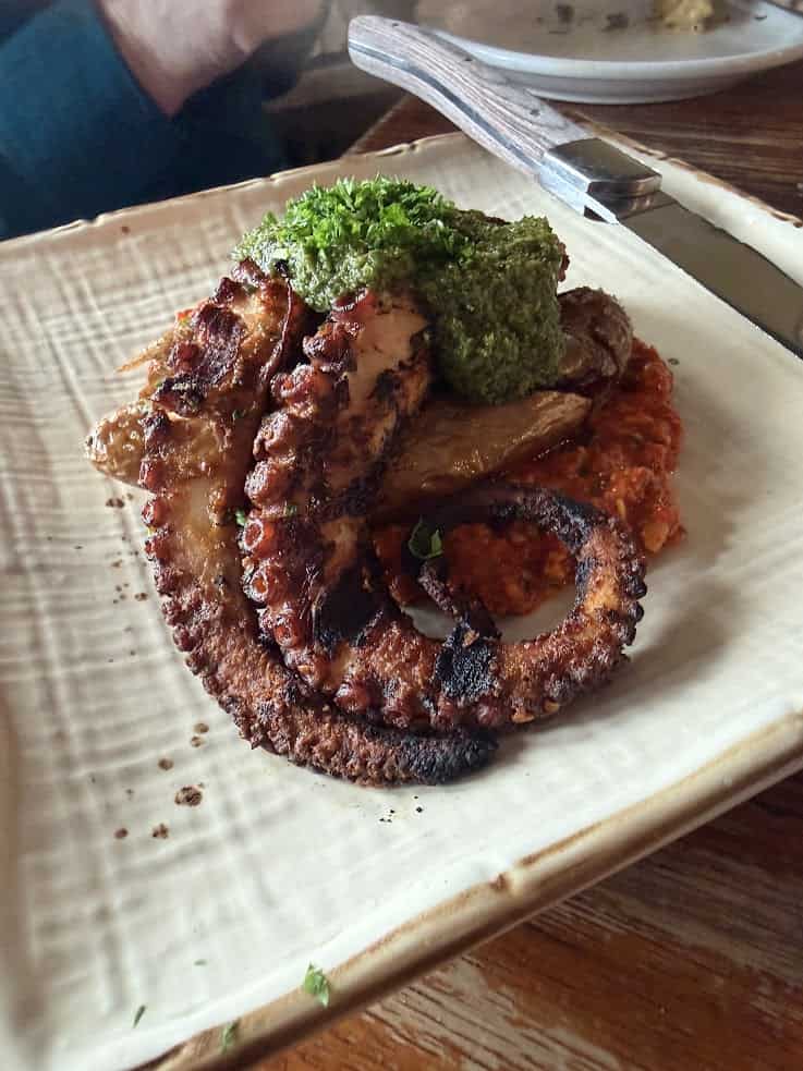 Grilled octopus served on a square plate with green sauce, roasted potatoes, and tomato relish&mdash;an inspired dish you might discover in a curated Jackson Hole travel guide.