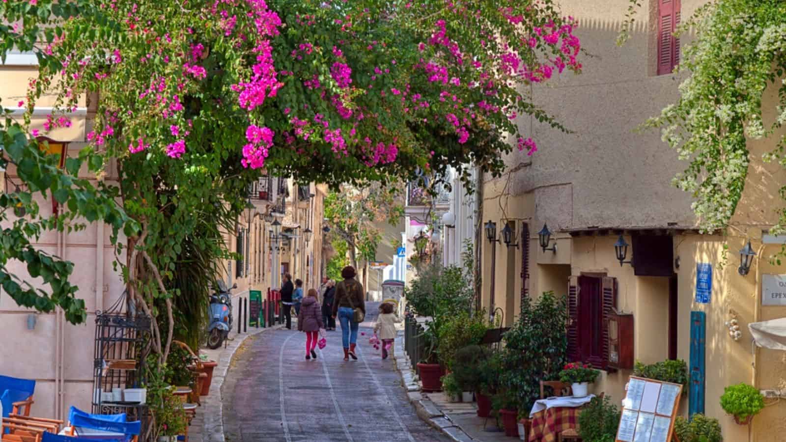 People walking down a narrow street with hanging pink flowers and potted plants along building walls.