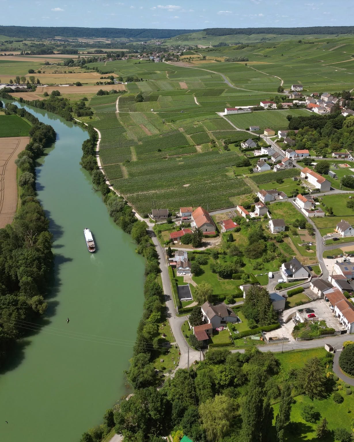 A river runs beside a village with green fields, houses, and a luxury barge cruise traveling along the water.