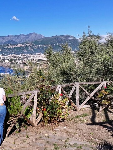 Person in jeans and a hat looks at a coastal landscape with mountains, sea, and greenery under a blue sky, embracing the spirit of coastal exploration.
