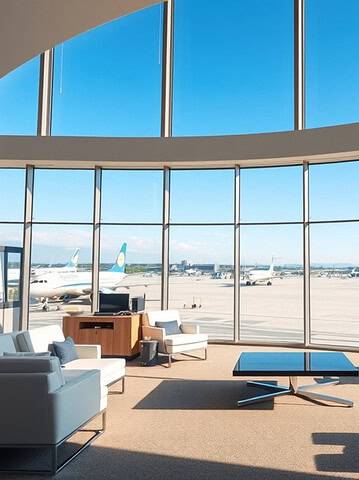 Modern airport lounge with large windows overlooking planes on the runway under a clear blue sky, featuring exceptional airport amenities for a relaxing and comfortable travel experience.