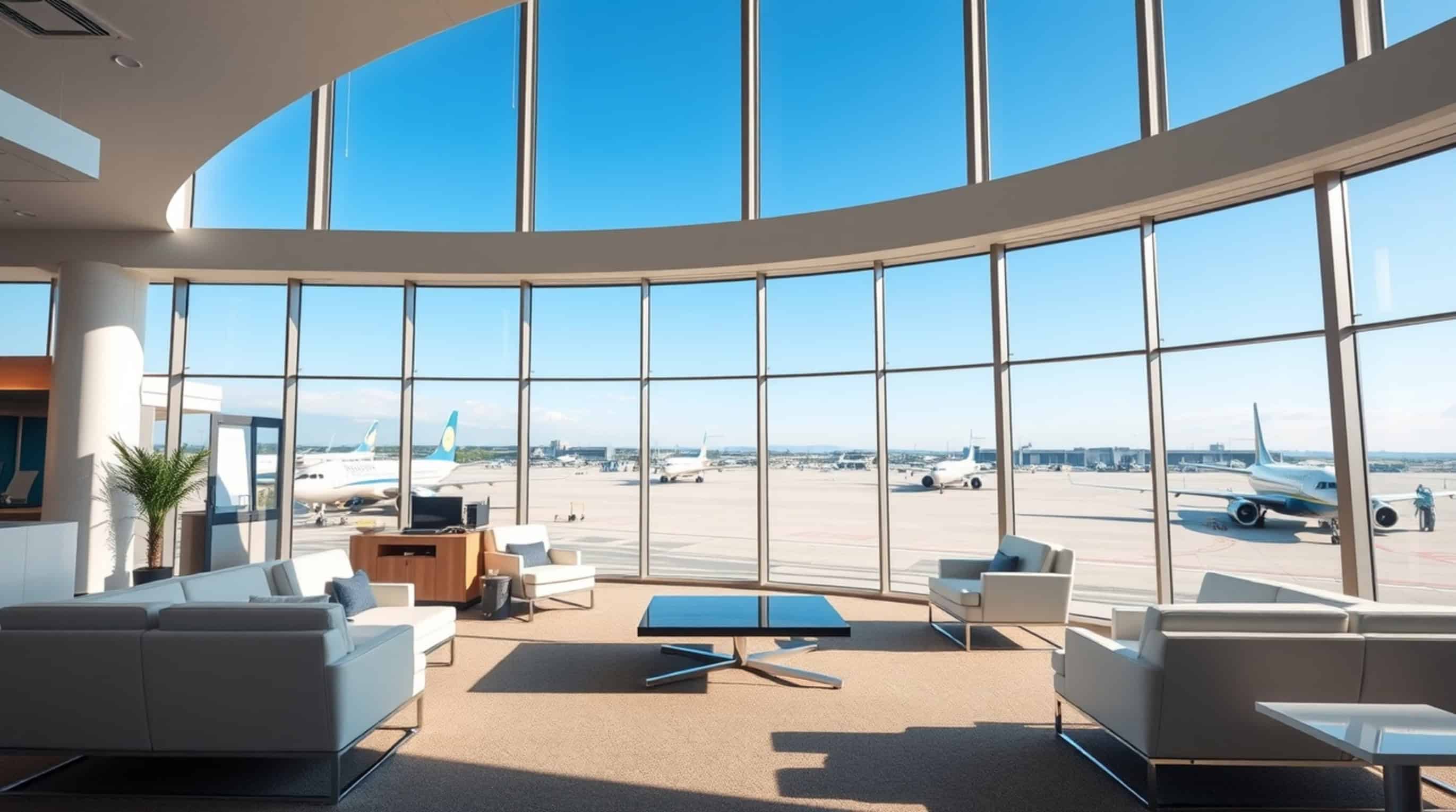 Modern airport lounge with large windows overlooking planes on the runway under a clear blue sky, featuring exceptional airport amenities for a relaxing and comfortable travel experience.