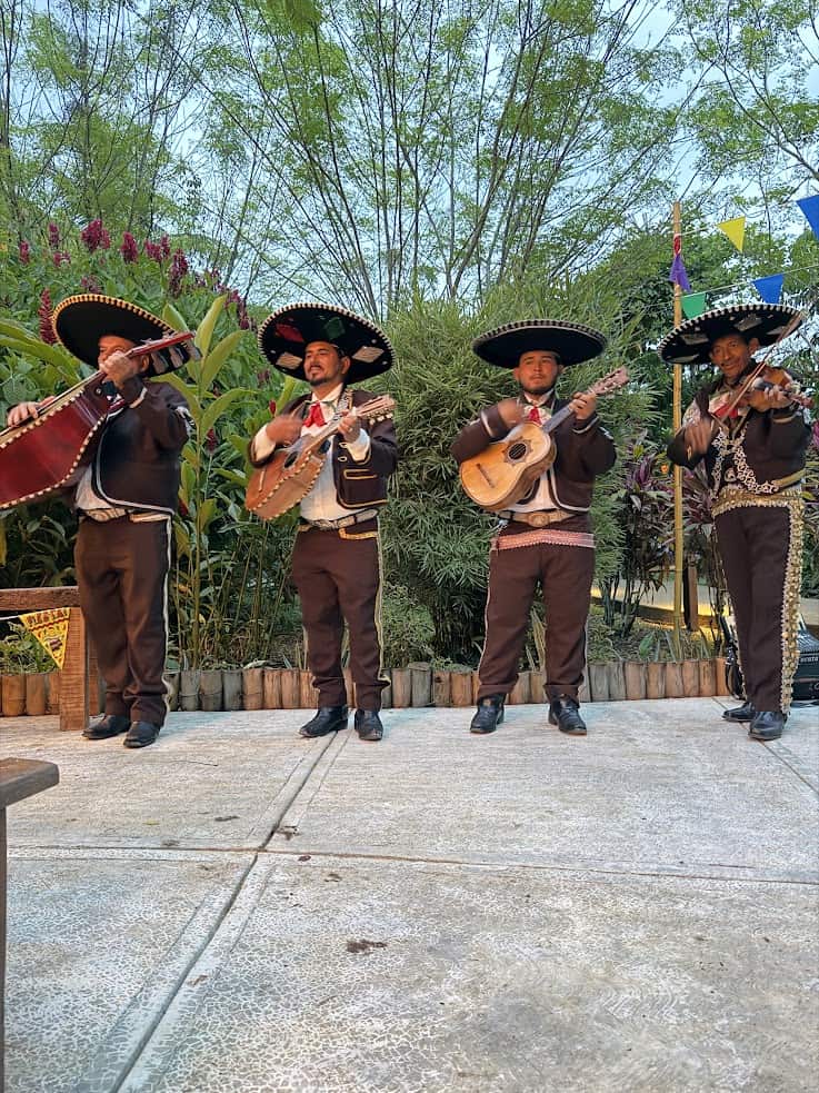 Four mariachi musicians in traditional outfits play string instruments outdoors with lush greenery behind them, reminiscent of the vibrant landscapes highlighted in The Rainforest Lodge at Sleeping Giant Review.