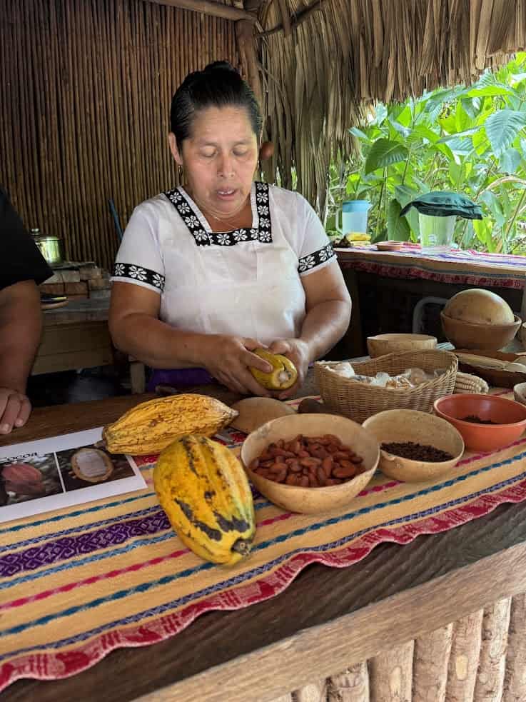 A woman prepares cacao at a rustic table with cacao pods and ingredients, under a thatched roof—a scene reminiscent of the authentic experiences showcased in The Rainforest Lodge at Sleeping Giant Review.