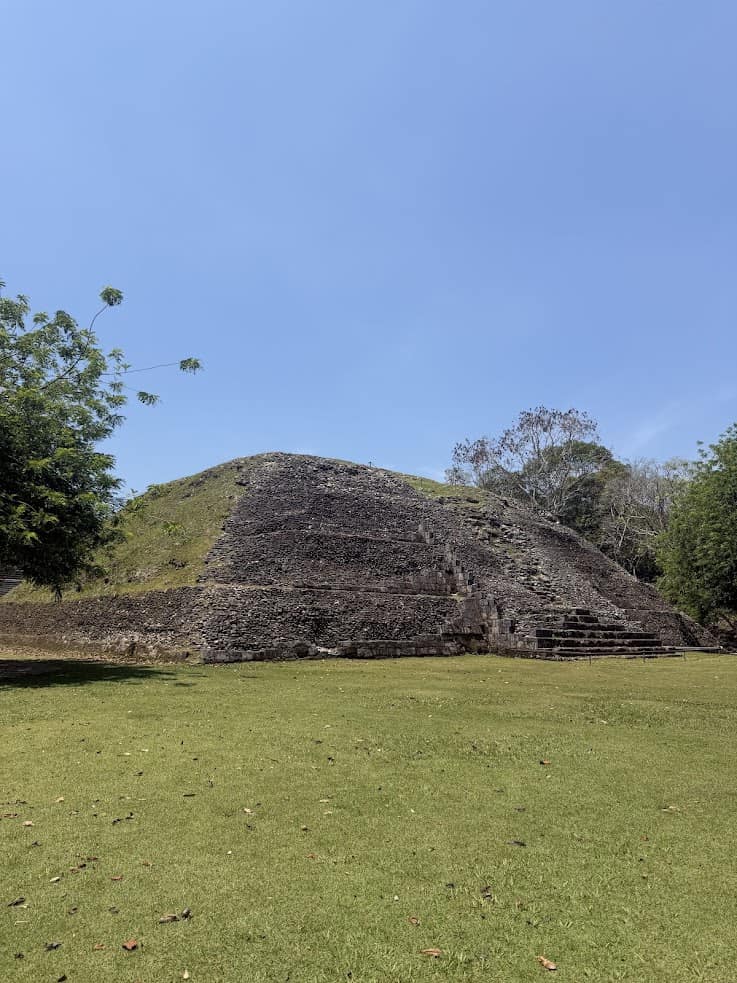 Ancient stone pyramid structure with steps, surrounded by grass and trees under a clear blue sky&mdash;an iconic sight on any Belize reef and ruins trip.