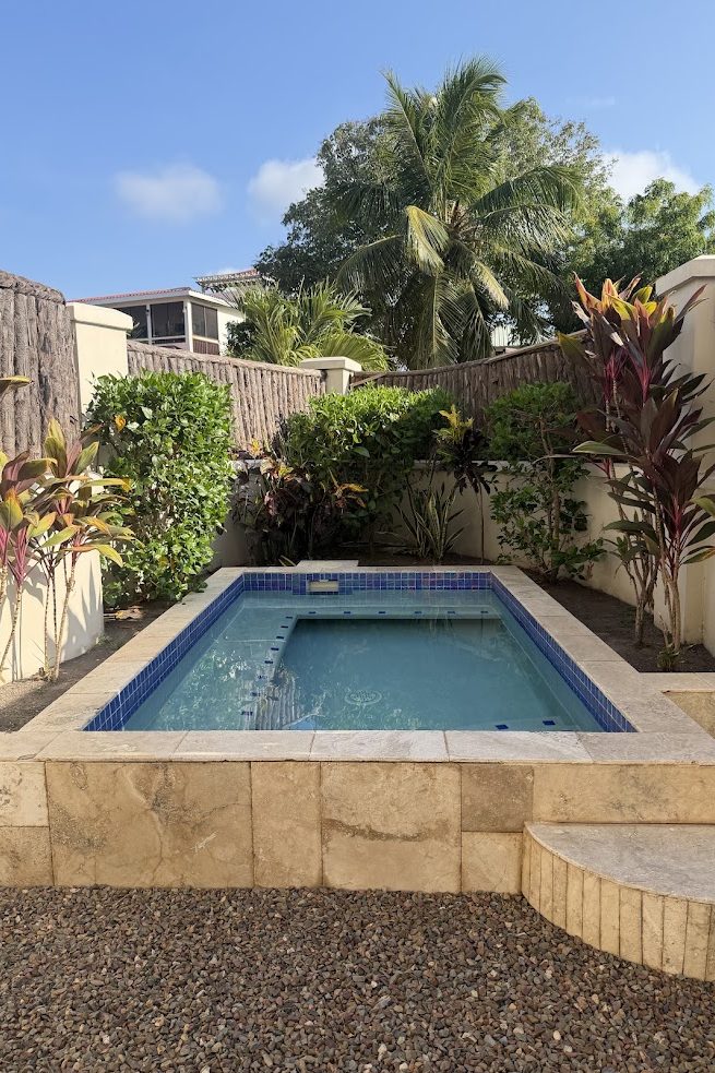 A small, private outdoor pool surrounded by tropical plants and stone walls under a clear blue sky&mdash;a setting that captures the tranquil atmosphere described in many a The Lodge at Jaguar Reef review.