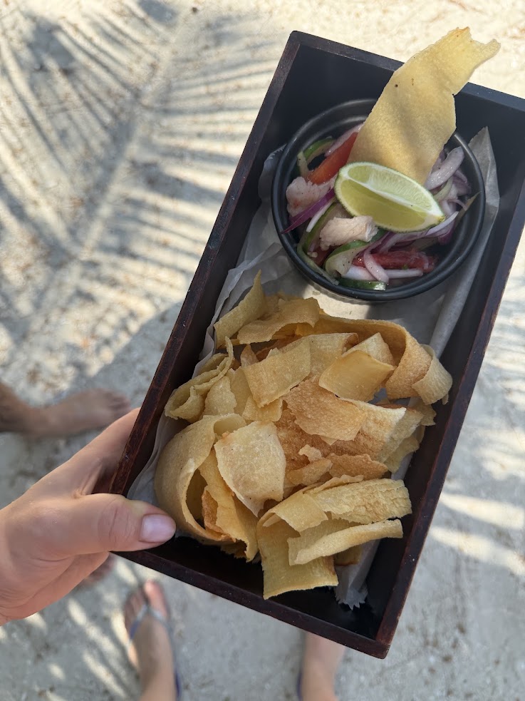 Hand holding a box with crispy chips and a bowl of salad topped with a lime wedge on a sandy beach, just like the relaxing moments described in the lodge at jaguar reef review.