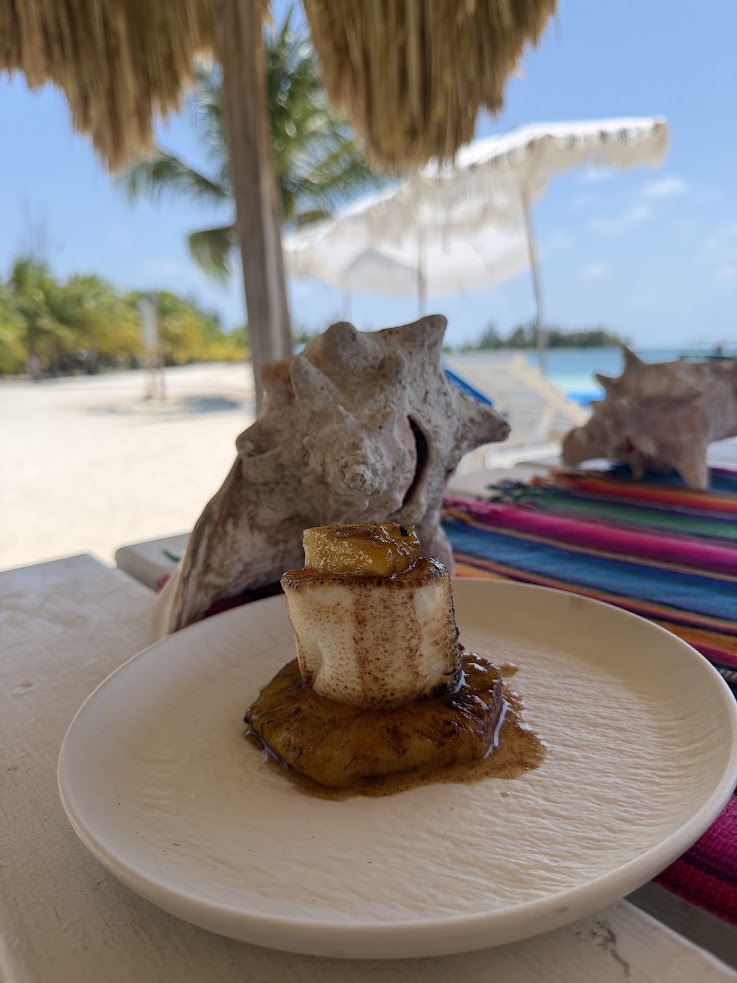 A dessert with caramel sauce on a white plate, set on a beachside table under a thatched umbrella&mdash;just one of the many delightful moments you might experience, as noted in the lodge at jaguar reef review.