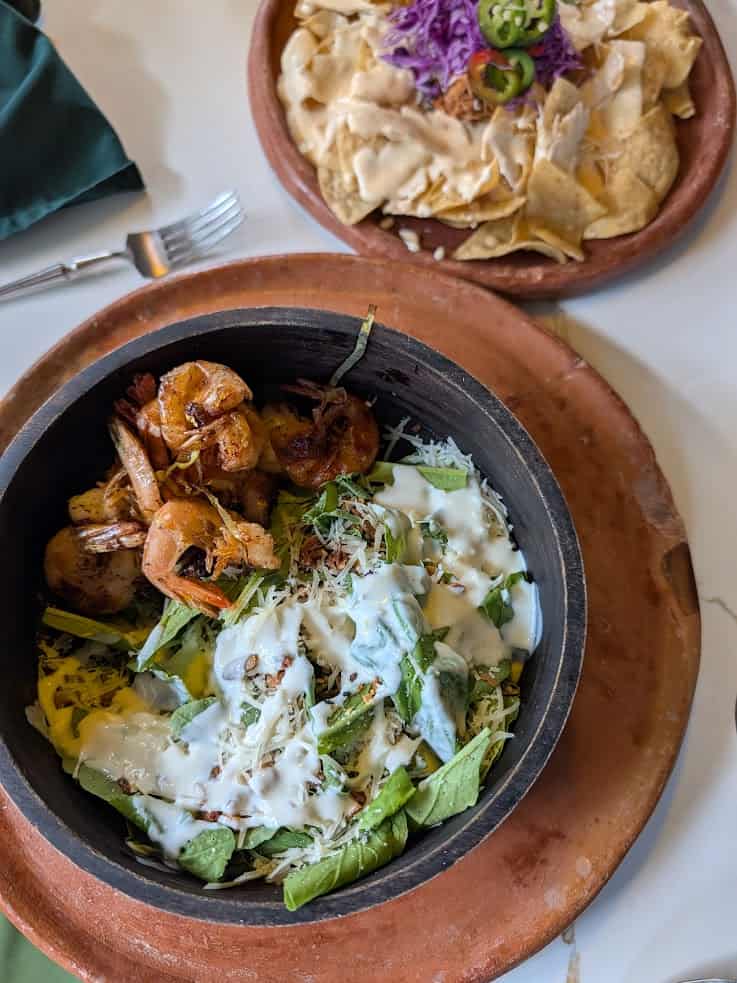 A salad with grilled shrimp and dressing, and a plate of nachos topped with cheese, jalapeños, and cabbage—dishes that capture the fresh flavors featured in The Rainforest Lodge at Sleeping Giant Review.
