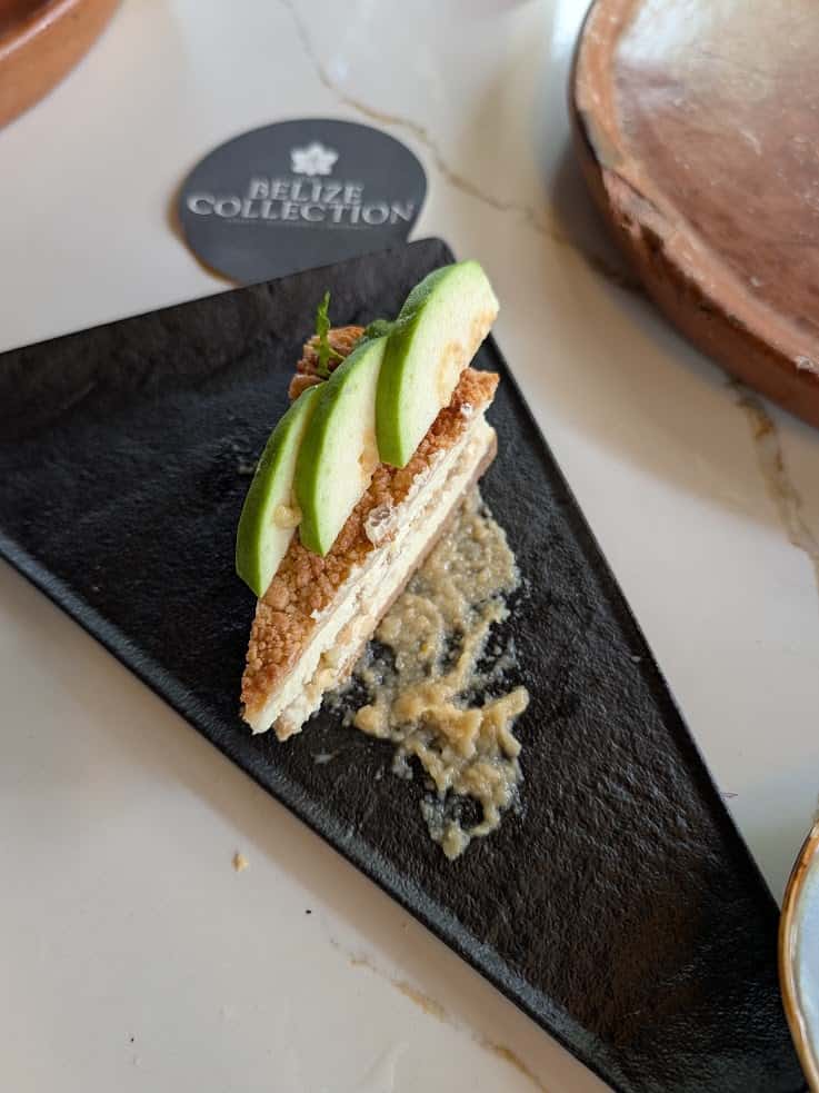 A dessert topped with sliced green apple on a black triangular plate, with a round “Belize Collection” card nearby—an elegant treat that captures the refined ambiance highlighted in The Rainforest Lodge at Sleeping Giant Review.