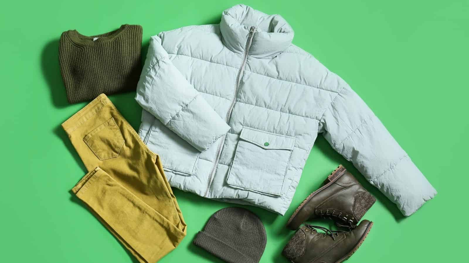 Light blue puffer jacket, green sweater, yellow pants, gray beanie, and brown boots—travel essentials for hiking or braving unpredictable weather—set against a vibrant green background.