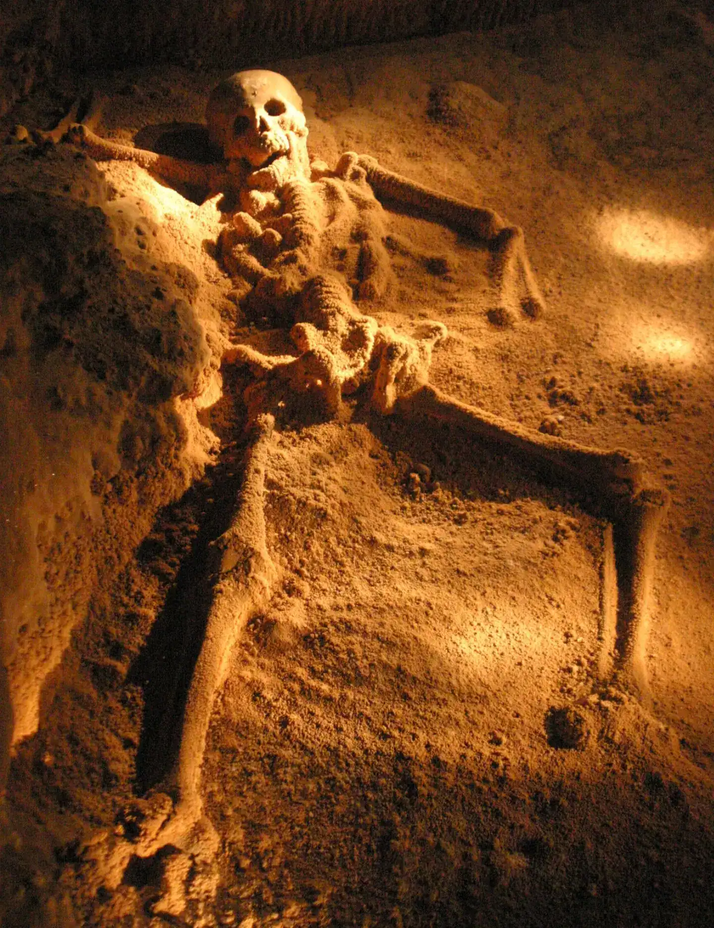 A human skeleton, partially buried in sand and illuminated by warm, yellowish light, rests in a cave-like setting&mdash;evoking the sense of hidden mysteries encountered on a Belize reef and ruins trip.