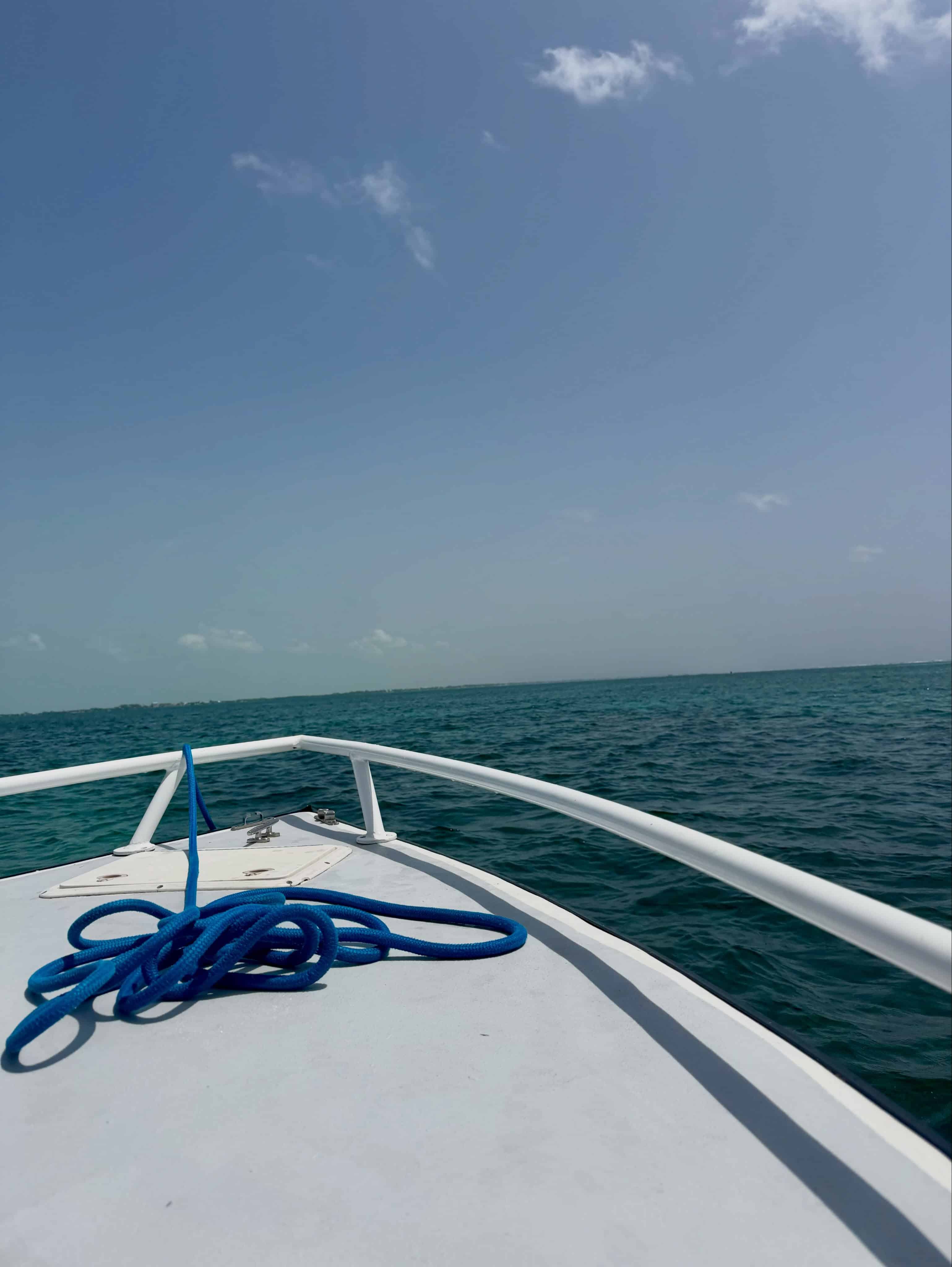 A blue rope on a boat deck hints at adventure, set against calm ocean water and a clear sky&mdash;the perfect scene during a Belize reef and ruins trip.