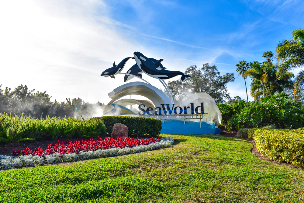 SeaWorld entrance sign with orca sculptures, surrounded by green plants and colorful flowers—a perfect photo spot and one of the top things to do in Orlando with kids.