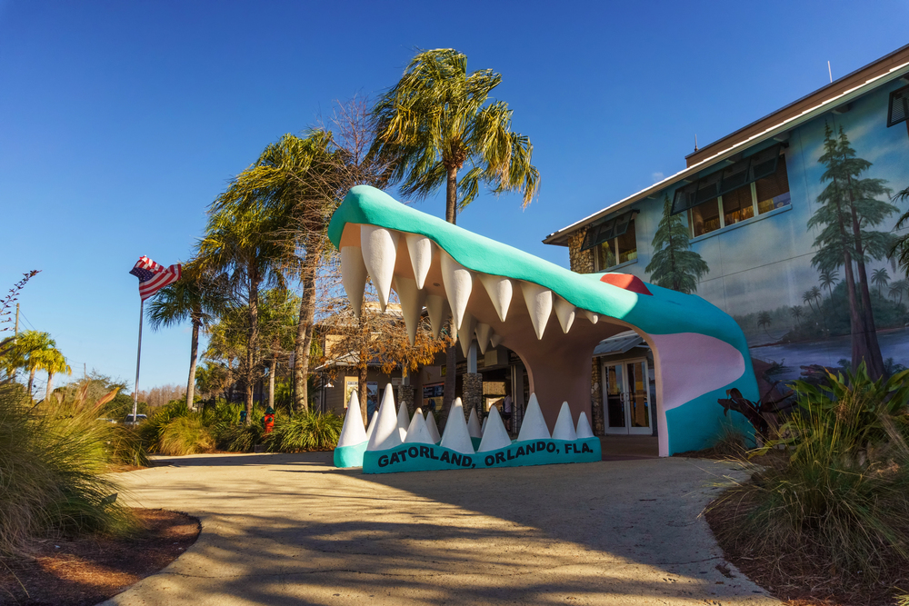 A building entrance shaped like a giant gator’s mouth at Gatorland in Orlando, Florida—one of the most unique things to do in Orlando with kids.