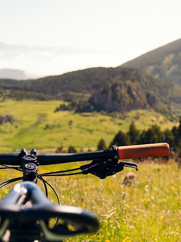 View from behind a bike’s handlebars looking out over a sunny green valley and distant mountains, capturing the perfect scene for family-friendly national park bike rides.