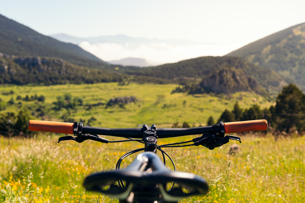 View from behind a bike’s handlebars looking out over a sunny green valley and distant mountains, capturing the perfect scene for family-friendly national park bike rides.