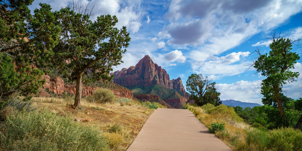 Paved path leading to red rock mountains, trees, grass, and a blue sky with clouds—perfect for family-friendly national park bike rides.