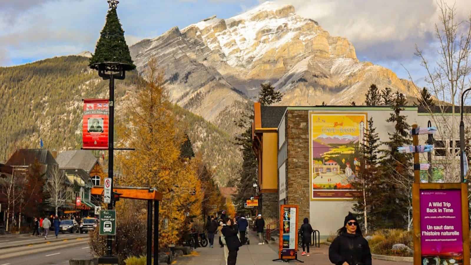 People walk on a street with shops, trees, and a mountain with snow in the background.