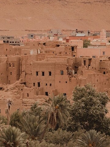Adobe buildings with many windows stand in a desert landscape, with palm trees in the foreground.